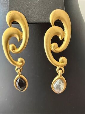 Matte Gold Tone Dangling Post Earrings With black & Clear Faceted Stones.
